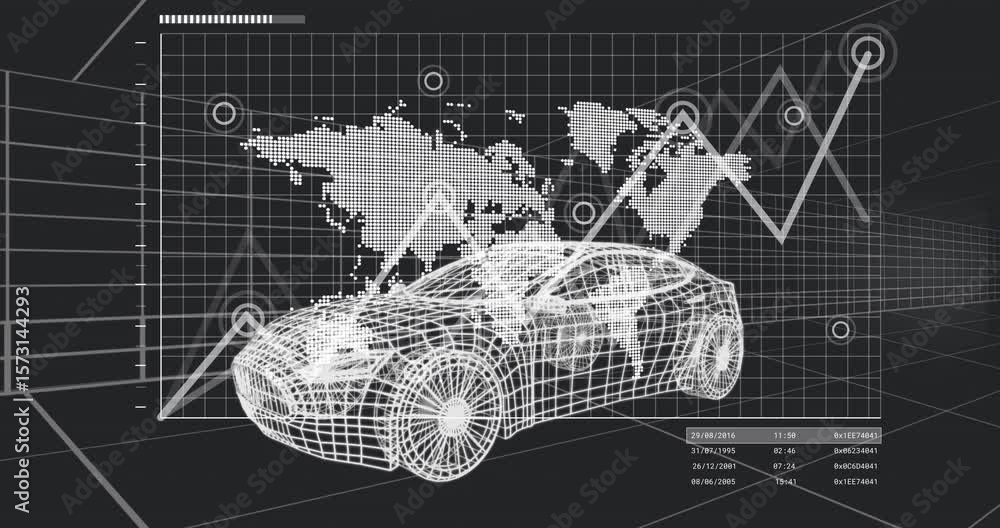 Aufkleber data node materializing starting graph rising and oscillating over wireframe car map for tracking