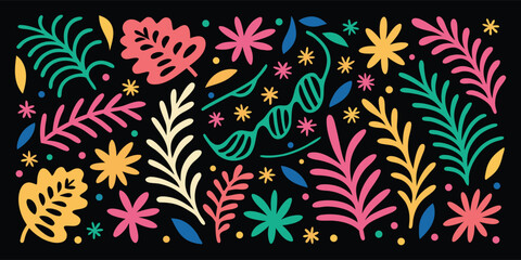 Colorful abstract botanical vector illustration. Modern art design with leaves, flowers, and DNA helix on black background. Graphic elements for science, health, nature print concepts.