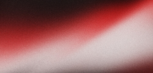 Red and white abstract gradient shape on black grainy background with blur and noise texture effect...
