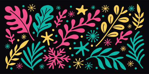Hand drawn colorful abstract vector illustration. Matisse style leaves, flowers, and geometric shapes on black background. Modern folk art print design for textile, wallpaper, and decor projects.