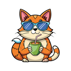 Cool cat wearing sunglasses sipping fresh coconut water tropical summer fun relaxed beach vibe cute funny animal vector illustration white background