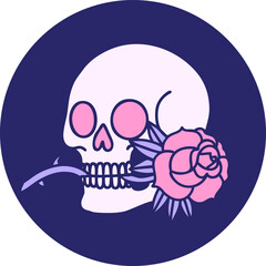 iconic tattoo style image of a skull and rose in bright neon color
