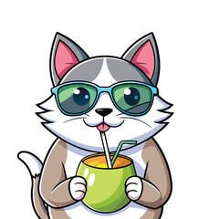 Cool cat wearing sunglasses sipping fresh coconut water tropical summer fun relaxed beach vibe cute funny animal vector illustration white background