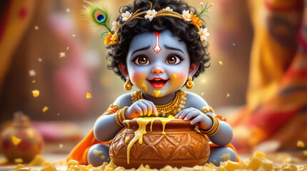 A hyper-realistic and heartwarming digital painting of baby Krishna, the Hindu deity, with 