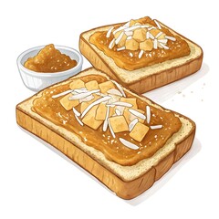 Two slices of toast with peanut butter and toppings isolated on white background isolated on transparent background