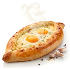 Delicious khachapuri adjaruli with two eggs and melted cheese isolated on white background isolated on transparent background
