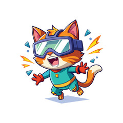 Dramatic cat wearing virtual reality VR goggles funny surprised reaction digital headset futuristic technology illustration on clean white background vector art
