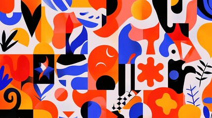 Vibrant abstract background with a collage of geometric and organic shapes in orange, blue, yellow, and black, creating a dynamic and playful modern pattern