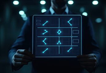 Man holds a holographic grid display
