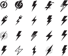 Minimal Lightning and Thunderstorm Icons Set – Vector Black Electric Symbols Collection