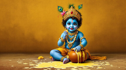 A highly detailed and traditional painting of baby Krishna mischievously eating butter from a clay pot. The divine child is depicted 