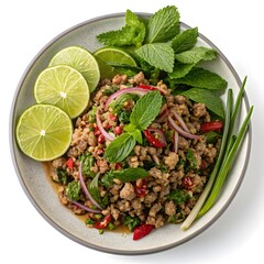 Spicy thai minced pork salad with fresh herbs and lime slices isolated on white background isolated on transparent background