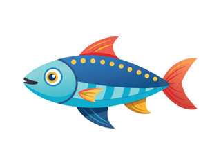 Stylized cartoon fish with blue body and orange fins swimming isolated on white background
