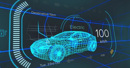 On startup, blue wireframe car accelerating through speed and mode shifts showing journey progress - Powered by Adobe
