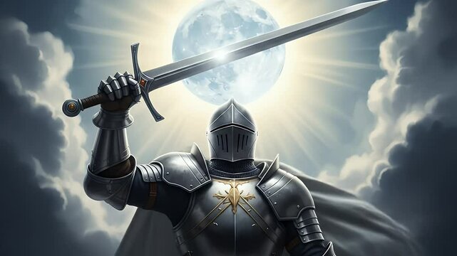 Powerful knight in silver armor against dramatic clouds and moon digital illustration