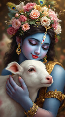A tender and heartwarming digital artwork of Lord Krishna as a young divine figure, gently embracing a white calf. His serene blue complexion, adorned with golden jewelry 