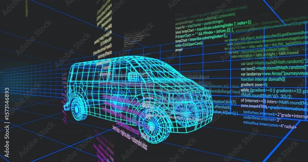 Poster on simulation start code streaming around wireframe van, camera tilting representing live rendering