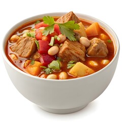 Hearty beef stew with vegetables and chickpeas in a white bowl isolated on white background isolated on transparent background
