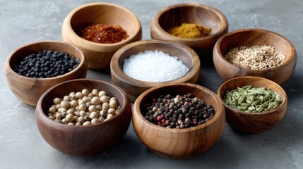 Wooden bowls filled with spices showcase vibrant colors and textures perfect for enhancing flavors in cooking and traditional remedies