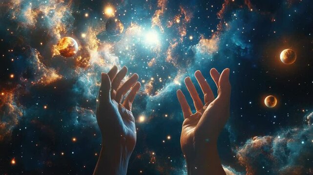 Person's hands reaching for the stars in a vibrant, cosmic background of nebulae and distant galaxies.