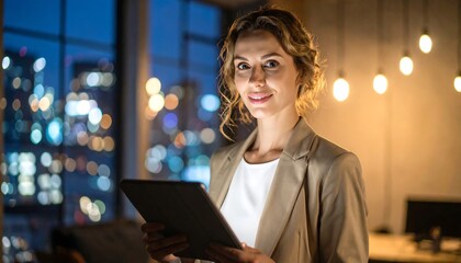 Woman Using Tablet in Office with City Night View
