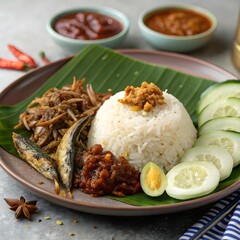 Nasi lemak traditional malaysian dish with coconut rice fried anchovies and sambal isolated on white background isolated on transparent background