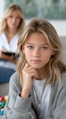 A young girl appears troubled as an adult woman discusses issues with her, taking notes in a bright living room
