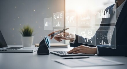 Businessperson interacts with holographic data displays and a small robot, analyzing financial charts and graphs at a modern desk.