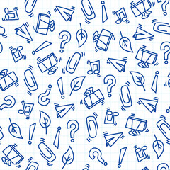 Seamless pattern back to school hand drawn school stationery on white background
