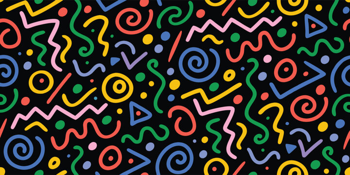 Retro 80s 90s memphis style seamless pattern. Abstract geometric background with colorful shapes, squiggles and lines. Nostalgic vector texture for fabric, wallpaper, and party decor.