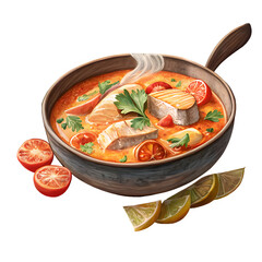 Delicious fish soup with tomatoes and lemon slices isolated on transparent background isolated on white background