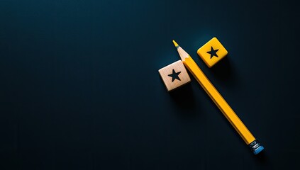 Yellow pencil balanced between two small wooden blocks, each with a star symbol, creating a percentage sign
