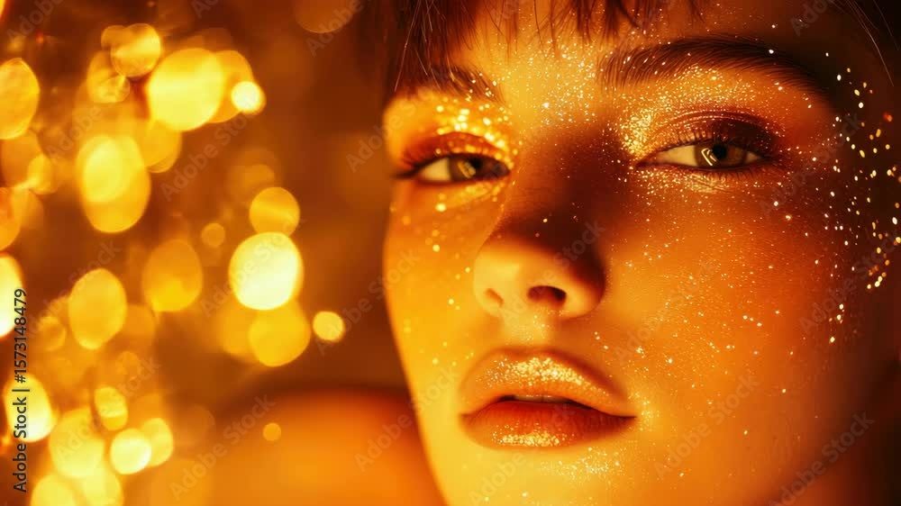 Poster a model's face adorned with gold glitter bokeh against a backdrop of sparkling lights.