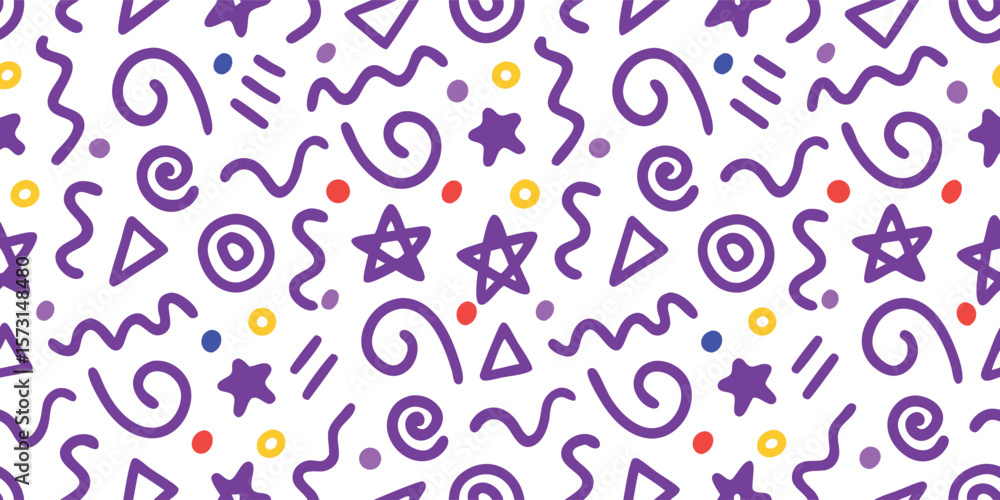 Poster seamless abstract pattern with purple doodles vector. playful 90s style geometric shapes background 