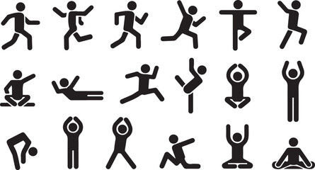  Human Activity Silhouette Icon Set – Black Vector Poses for Fitness, Yoga, Dance, Meditation, and Exercise Design
