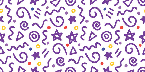 Seamless Abstract Pattern with Purple Doodles Vector. Playful 90s Style Geometric Shapes Background for Kids Fabric, Stationery, and Party Decorations.
