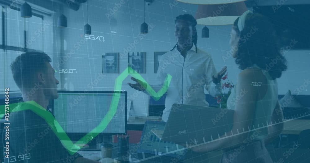 Poster female team lead explaining fluctuating business data with animated green line graph appearing
