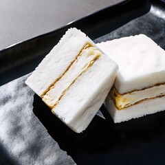 Two tamagoyaki sandwiches with white bread cut into triangles isolated on white background isolated on transparent background
