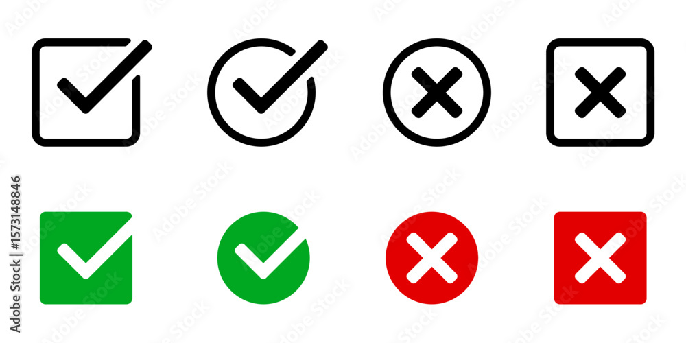 Poster check mark and cross icon set – approval and rejection symbols