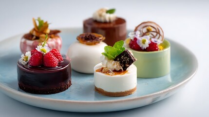 High-end food photography shoot featuring artistic plating of vegan desserts with studio lighting and white background in a stylized editorial style