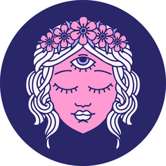 iconic tattoo style image of female face with third eye and crown of flowers in bright neon color