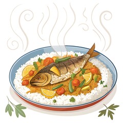 Delicious whole baked fish served on a bed of fluffy white rice with colorful vegetables and lemon slices isolated on white background isolated on transparent background