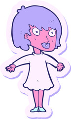 sticker of a cartoon woman wearing dress in bright neon color