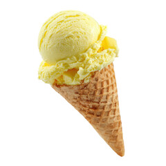Single Scoop of Yellow Vanilla Ice Cream in Waffle Cone on Transparent Background