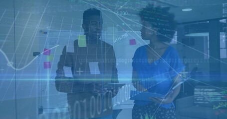 woman moving pink note causing performance charts and data overlays floating over team for analysis - Powered by Adobe