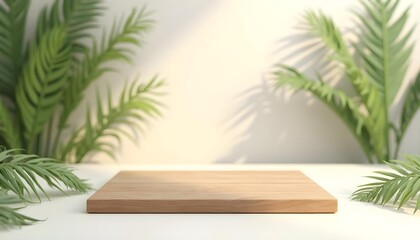 Natural Wood Pedestal with Exotic Greenery for Product Mockup
