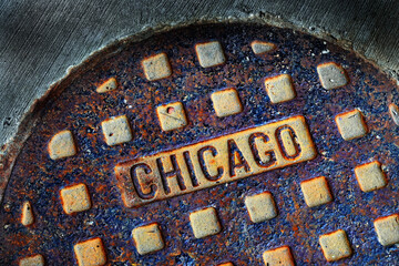 Old Manhole Cover in Chicago City on Street with Texture Worn and Weathered