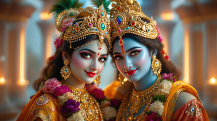 A highly detailed, digitally painted portrait of Radha and Krishna in traditional Indian royal attire, standing close together with warm, affectionate expressions. Both are adorned 