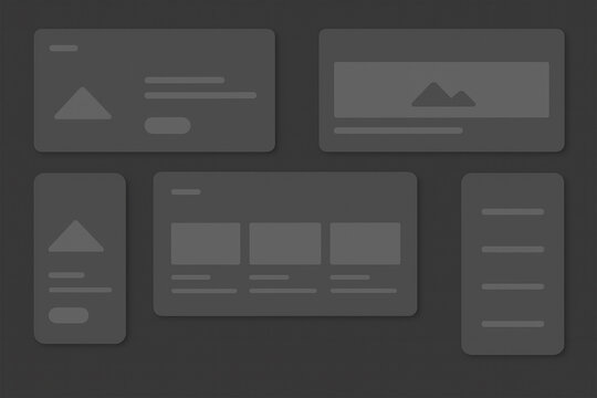 Dark UI website wireframe mockup with grayscale layout for web and mobile interfaces, featuring content blocks, image placeholders, card sections, and sidebar menu design