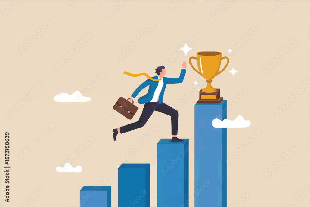 Poster determined businessman running up a rising bar graph towards a golden trophy symbolizing success and